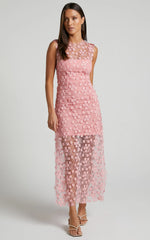 Hazel Midi Dress - 3D Flower Net Bodycon Dress in Pink
