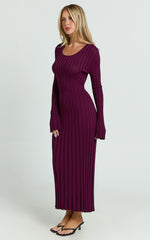 Blaire Midi Dress - Long Sleeve Tie Back Flare Dress in Wine