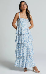 Lorma Midi Dress - Ruched Layered Dress in Blue Floral