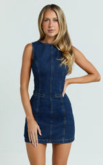 Olenna Mini Dress - High Neck Fitted Denim Dress in Indigo Wash