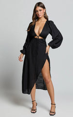 Demieh Midi Dress - Front Cut Out Long Sleeve Dress in Black