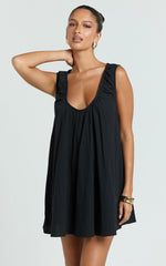 Lucinda Mini Dress - Deep U Gathered Neck Smock Dress in Black