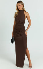 Francis Maxi Dress - Halter Ruched Backless Dress in Dark Chocolate