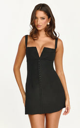 Odette Mini Dress - Plunge V Neck A Line Dress in Black