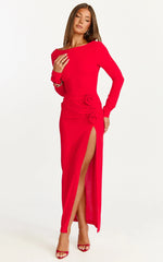 Vivienne Maxi Dress - Boat Neck Long Sleeve Rosette Detail Dress in Red