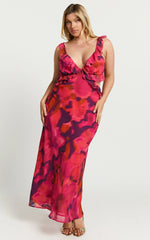 Alessa Maxi Dress - V Neck Frill Detail Empire Waist Back Cut Out Dress in Adeana Print