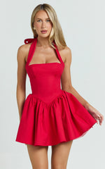 Helda Mini Dress - Halter Tie Neck Corset Panel Dress in Red