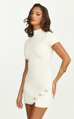 Roselle Mini Dress - High Neck Button Detail Fitted Knit Dress in White
