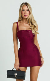 Beckett Mini Dress - Square Neck Form Fitting Dress in Wine