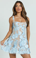Sienna Mini Dress - 3D Floral Fit And Flare Dress in Blue