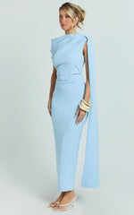 Visenta Midi Dress - Asymmetrical Sleeve Dress in Blue