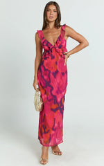 Alessa Maxi Dress - V Neck Frill Detail Empire Waist Back Cut Out Dress in Adeana Print
