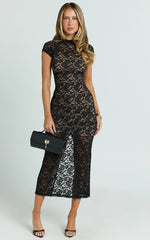 Emma Midi Dress - Lace Cap Sleeve Bodycon Dress in Black
