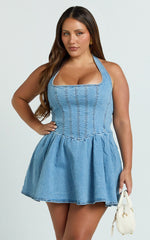 Hayes Mini Dress - Halter Neck Corset Bodice Dress in Mid Blue Wash