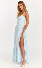 Rachel Maxi Dress - Sweetheart Neckline Jacquard Front Split Dress in Ice Blue