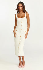 Gabby Midi Dress - Sweetheart Strapped Hardware Button Front Fitted Contrast Trim Knit Dress in Plain White