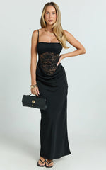Rania Maxi Dress - Contrast Lace Bodice Bias Cowl Drop Waist Dress in Black