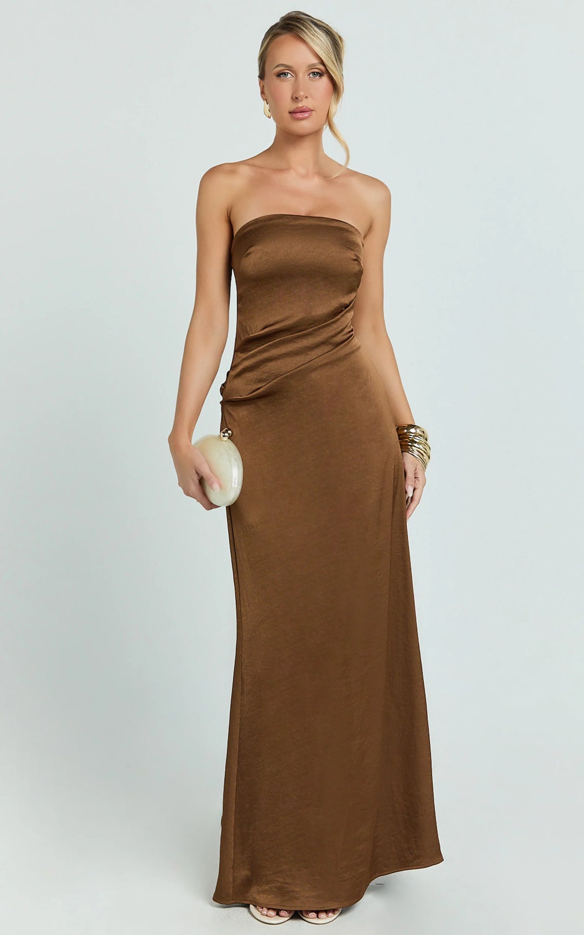 Laurie Maxi Dress - Strapless Draped Satin Dress in Chocolate