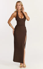 Ruby Maxi Dress - Halter Scoop Neck Low Back Bodycon Dress in Chocolate