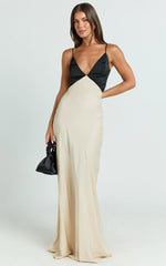Quincy Maxi Dress - Satin Slip Dress in Black/Champagne