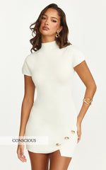 Roselle Mini Dress - High Neck Button Detail Fitted Knit Dress in White