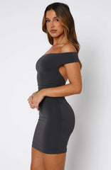Never Surrender Off Shoulder Mini Dress Charcoal