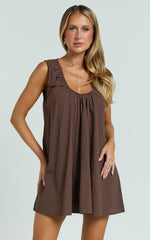 Lucinda Mini Dress - Deep U Gathered Neck Smock Dress in Chocolate