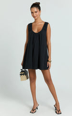 Lucinda Mini Dress - Deep U Gathered Neck Smock Dress in Black