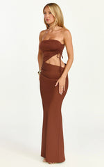 Fergie Maxi Dress - Strapless Side Ruched Cut Out Fitted Dress in chestnut brown
