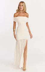 Alanna Maxi Dress - Off Shoulder Ruched Mesh Dress in Cream