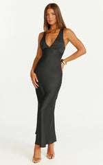 Khalani Midi Dress - Deep V Neck Satin Slip Dress in Black