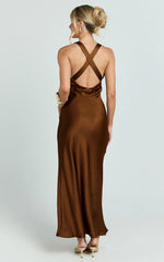 Khalani Midi Dress - Deep V Neck Satin Slip Dress in Chocolate