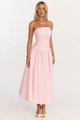 Louisa Maxi Dress - Strapless Side Ruched Dropped Waist Fit And Flare Dress in Pink