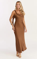 Calix Midi Dress - One Shoulder Slip Dress in Chocolate