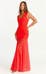 Frances Maxi Dress - Contrast U Neck Godet A Line Dress in Red