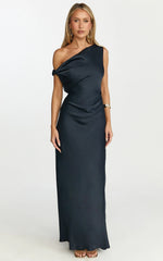 Lira Midi Dress - One Shoulder Satin Dress in Navy