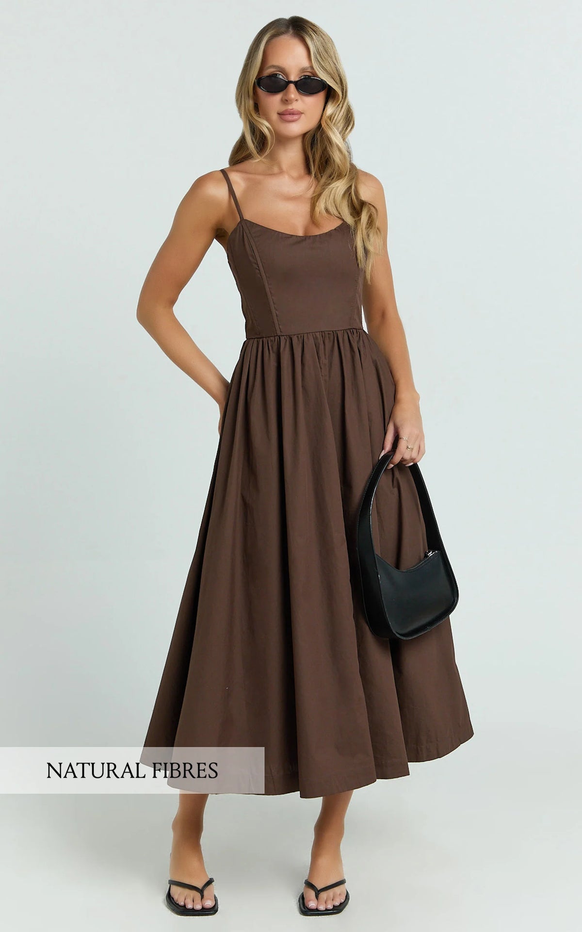 Braelyn Midi Dress - Scoop Neck Flare Dress in Chocolate