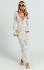 Paula Maxi Dress - Lace V Neck Long Sleeve Column Dress in White