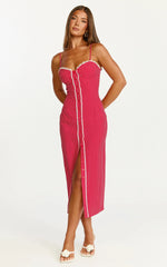 Camille Midi Dress - Button Front Bustier Lace Trim Fitted Dress in Red