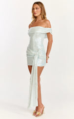 Myra Mini Dress - Off Shoulder Draped Sequin Dress in Soft Blue