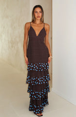 Princess Maxi Dress Chocolate/Blue Polka Dot