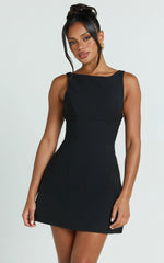 Freddie Mini Dress - Boat Neck Fit and Flare Dress in Black