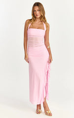 Almarie Midi Dress - Halter Neck Mesh Dress in Pink