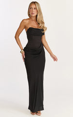 Phoebe Maxi Dress - Strapless Structured Bodice Drape Skirt Dress in Black