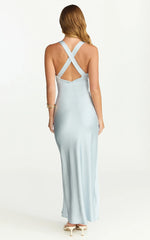Khalani Midi Dress - Deep V Neck Satin Slip Dress in Pale Blue