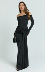 Judith Maxi Dress - Boat Neck Backless Tie Front Long Sleeve Jersey Dress in Black