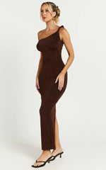 Isabel Midi Dress - Twist Off Shoulder Bodycon Dress in Chocolate