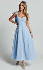 Tymia Midi Dress - Shoulder Tie Bustier Shirred Back A Line in Pastel Blue