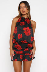 No Second Thoughts Halter Mini Dress Black Scarlet Bloom