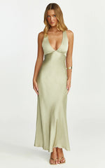 Khalani Midi Dress - Deep V Neck Satin Slip Dress in Light Olive